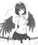  1girl breasts collared_shirt feathered_wings hat highres impossible_clothes impossible_shirt katana large_breasts looking_at_viewer midriff miniskirt navel parted_lips pointy_ears pom_pom_(clothes) raptor7 red_eyes shameimaru_aya shirt sketch skirt solo spot_color sword tokin_hat touhou weapon wings 