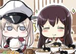  /\/\/\ 2girls akagi_(kantai_collection) blonde_hair blue_eyes blush_stickers brown_hair closed_eyes eating engiyoshi food graf_zeppelin_(kantai_collection) hands_together hat japanese_clothes kantai_collection long_hair multiple_girls noodles peaked_cap ramen rice_bowl smile sparkle surprised twintails 