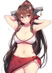  1girl armpits arms_behind_head bikini blush breasts brown_hair cleavage embarrassed groin headgear highres kantai_collection large_breasts long_hair looking_away navel open_mouth sarong simple_background solo soukou_makura sweatdrop swimsuit white_background white_bikini yamato_(kantai_collection) 
