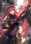  1girl armor artist_request bodysuit fate/grand_order fate/stay_night fate_(series) highres long_hair pink_eyes pink_hair polearm scathach_(fate/grand_order) solo spear weapon 