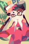  1girl aori_(splatoon) black_hair chin_rest earrings fangs food food_on_head happy_new_year highres japanese_clothes jewelry kimono looking_to_the_side nagatsukiariake new_year object_on_head pointy_ears red_eyes sitting smile solo splatoon tentacle_hair 