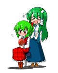&gt;_&lt; 2girls :d alternate_hairstyle barber_chair blush boots bow chibi closed_eyes collared_shirt detached_sleeves flying_sweatdrops frog_hair_ornament green_hair hair_bow hair_ornament hair_tubes hand_mirror height_difference katsumi5o kazami_yuuka kochiya_sanae laughing long_hair long_skirt mirror multiple_girls open_mouth plaid plaid_skirt plaid_vest ponytail red_eyes shirt sitting skirt smile snake_hair_ornament stool sweatdrop touhou triangle_mouth very_long_hair vest xd