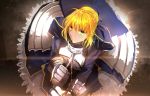  1girl ahoge armor armored_dress blonde_hair fate/stay_night fate_(series) green_eyes hei_tong_shi highres planted_sword planted_weapon saber solo sword weapon 