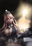  1girl bare_shoulders blonde_hair breasts cleavage corset elbow_gloves garter_straps gloves hat hiememiko highres iowa_(kantai_collection) kantai_collection large_breasts long_hair missile night rocket_launcher serious solo turret weapon 