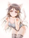  1girl animal_ears black_hair blue_eyes bluez collarbone hair_ornament leaning_forward looking_up paw_pose simple_background smile solo swimsuit tail tareme thigh-highs white_background 