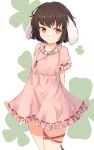  1girl animal_ears arms_behind_back blush brown_hair carrot carrot_necklace clover dress four-leaf_clover highres inaba_tewi looking_at_viewer pink_dress rabbit_ears red_eyes ribbon ribbon_trim shone short_hair simple_background smile solo thigh_ribbon touhou 