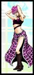  1girl araki_hirohiko_(style) arms_up black_border blue_eyes boots border bra brown_boots character_name choker full_body high_heel_boots high_heels jojo_no_kimyou_na_bouken lipstick makeup metamin_(memethah) midriff navel pink_hair pink_lipstick short_hair skirt solo trish_una underwear zoom_layer 