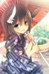  1girl :d animal_ears blush brown_eyes brown_hair bucket food fruit japanese_clothes kimono kneeling looking_at_viewer obi open_mouth oriental_umbrella sanshoku_amido sash short_hair smile solo umbrella watermelon yukata 