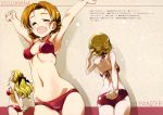  3girls :d ^_^ absurdres armpits arms_behind_back arms_up ass assam bikini blonde_hair braid breasts cleavage closed_eyes cowboy_shot darjeeling from_behind girls_und_panzer highres kurashima_tomoyasu light_brown_hair multiple_girls open_mouth orange_pekoe ponytail red_bikini scan smile strap_gap swimsuit thighs 