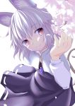  1girl animal_ears blush capelet cherry_blossoms flower grey_hair highres ishikkoro jewelry long_sleeves mouse_ears mouse_tail nazrin necklace petals red_eyes shirt short_hair simple_background skirt skirt_set smile solo tail touhou upper_body white_background 