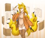  :/ absurdres animal_ears bare_shoulders blonde_hair book brown_legwear dagger detached_sleeves eyebrows eyebrows_visible_through_hair floating_book fox_ears fox_girl fox_tail highres ink less light_smile long_hair multiple_tails multitasking open_book original ponytail quill tail tattoo thigh-highs weapon wide_sleeves writing yellow_eyes 