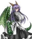  1girl alternate_costume apron blush breasts dragon dragon_(monster_girl_encyclopedia) dragon_girl enmaided frills highres horns large_breasts long_hair looking_at_viewer maid maid_apron monster_girl monster_girl_encyclopedia open_mouth purple_hair sanmotogoroo scales skirt solo tail wings yellow_eyes 