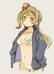  1girl :o bikini blonde_hair bow brown_hair collarbone cowboy_shot hair_bow hands_in_pockets jacket long_hair looking_at_viewer love_live!_school_idol_project minami_kotori mota one_side_up open_mouth side_ponytail simple_background sketch solo swimsuit yellow_eyes 