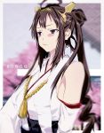 1girl alternate_hairstyle blue_eyes brown_hair hairband japanese_clothes kantai_collection kongou_(kantai_collection) long_hair nontraditional_miko tazuma_(u283) twintails 
