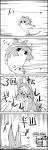 4koma bow bucket cirno comic commentary_request figure_skating hair_between_eyes hair_bobbles hair_ornament hat hat_bow highres ice ice_wings in_bucket in_container kirisame_marisa kisume monochrome no_hat sign smile tani_takeshi touhou translation_request twintails wings witch_hat wooden_bucket yukkuri_shiteitte_ne 