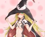  1girl blonde_hair blush breasts cape cleavage green_eyes groin hat hat_tug jewelry light_smile long_hair navel necklace pink_background sketch solo to_aru_majutsu_no_index to_aru_majutsu_no_index:_new_testament witch_hat 