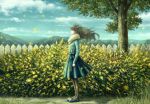  1girl black_hair dress fence kazami_(kuroro) leaf long_hair mountain original profile sky solo tree wind 