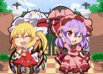  2girls :d ascot blush bow checkered checkered_floor chibi dress fang flandre_scarlet gate hat hat_ribbon kan_lee mob_cap multiple_girls open_mouth parasol puffy_short_sleeves puffy_sleeves red_bow red_eyes red_ribbon remilia_scarlet ribbon short_sleeves siblings sisters smile touhou umbrella wings 