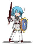  1girl armor armored_boots belt blue_eyes blue_hair blush boots buront buront_(cosplay) final_fantasy final_fantasy_xi gauntlets greaves grin heterochromia highres katsumi5o looking_at_viewer red_eyes shield short_hair shoulder_pads smile solo sword tatara_kogasa touhou weapon 