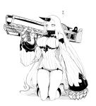  1girl boots breasts claws collar covered_mouth detached_sleeves dress fallout horn kantai_collection kneeling large_breasts long_hair mizusaki_(tengoku) monochrome navel ribbed_dress rocket_launcher seaport_hime shinkaisei-kan short_dress translation_request very_long_hair weapon 