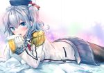  1girl blazer blue_eyes gloves highres kantai_collection kashima_(kantai_collection) lying on_stomach silver_hair skirt twintails ugeppa uniform wavy_hair 
