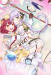  2girls :d ass atelier_(series) atelier_sophie book brown_eyes flask frills green_eyes hat highres long_hair looking_at_viewer multiple_girls open_mouth plachta ponytail redhead short_hair silver_hair skirt smile sophie_(sophie1925) sophie_neuenmuller staff striped striped_legwear thigh-highs vertical-striped_legwear vertical_stripes white_legwear yellow_hat yellow_skirt 
