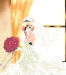  1girl artist_request blonde_hair bouquet breasts bridal_gauntlets bridal_veil cleavage curtains dress earrings flower green_eyes highres jewelry othinus rose smile solo to_aru_majutsu_no_index to_aru_majutsu_no_index:_new_testament veil wedding_dress window 
