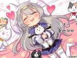  1girl blush closed_eyes grey_hair hairband heart lucille_aleister official_art open_mouth pleated_skirt pop-up_story skirt solo stuffed_animal stuffed_cat stuffed_toy thigh-highs wavy_mouth white_legwear 