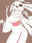  breasts eyebrows eyebrows_visible_through_hair heart japanese_clothes kimono looking_at_viewer moth_ears moth_girl multiple_arms no_nose open_mouth simple_background smile sumiyao_(amam) waving 