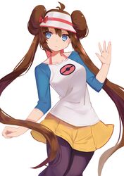  1girl baseball_cap blue_eyes blush bow brown_hair double_bun hair_between_eyes halterneck hat hat_bow hat_ribbon highres legwear_under_shorts long_hair looking_at_viewer mei_(pokemon) pantyhose pink_bow pink_lips poke_ball_print pokemon pokemon_(game) pokemon_bw2 raglan_sleeves red_bow red_ribbon ribbon ryuuno6 shorts simple_background sleeves_past_elbows solo twintails very_long_hair visor_cap white_background yellow_shorts 