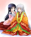  2girls absurdly_long_hair alternate_costume alternate_hairstyle bangs black_eyes black_hair blush collar embarrassed frilled_collar frilled_skirt frills fujiwara_no_mokou gradient gradient_background hand_up hime_cut houraisan_kaguya japanese_clothes kimono layered_clothing layered_kimono long_hair long_skirt long_sleeves looking_at_another maroon_skirt multiple_girls no_hair_bow obi pink_background pink_shirt red_eyes ribbon-trimmed_sleeves ribbon_trim sash shiny shiny_hair shirt sidelocks silver_hair sitting skirt smile sweatdrop touhou unya very_long_hair wide_sleeves 