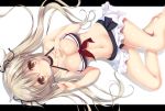  1girl barefoot bikini blonde_hair breasts brown_eyes choker cleavage hair_ribbon kantai_collection letterboxed long_hair looking_at_viewer mikagami_mamizu murasame_(kantai_collection) navel ribbon skirt smile solo swimsuit thighs twintails 