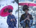  2girls androgynous black_hair blurry comparison cosplay grey_eyes highres holding holding_umbrella japanese_clothes kimono lips multiple_girls original parasol parted_lips photo real_life short_hair snow snowing split_screen umbrella watermark web_address wide_sleeves wlop yukata 