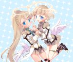  2girls blonde_hair blue_eyes blush halo highres holding_hands kyuuri_(miyako) liliana_hart long_hair misty_sheikh multiple_girls open_mouth pleated_skirt pointy_ears ponytail pop-up_story skirt smile wings 
