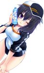  1girl :p absurdres baseball_cap black_hair blue_eyes blush bottle bracelet buruma fang gym_uniform hair_ornament hairclip hand_on_own_knee haruta_(806060) hat highres jacket jewelry leaning_forward long_hair one_eye_closed open_clothes open_jacket original sweat tongue tongue_out water 