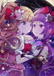  2girls asahina_mirai black_gloves blonde_hair cure_magical cure_miracle elbow_gloves gloves hat highres interlocked_fingers izayoi_liko long_hair looking_at_another magical_girl mahou_girls_precure! multiple_girls pink_eyes precure purple_hair smile star star-shaped_pupils symbol-shaped_pupils violet_eyes white_gloves witch_hat yukinokoe 