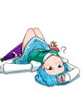  1girl ? blue_eyes blue_hair blush forehead geta hand_on_head heterochromia highres juliet_sleeves katsumi5o long_sleeves looking_at_viewer lying on_back pout puffy_sleeves red_eyes short_hair skirt solo tatara_kogasa thighs tongue touhou tunic turtleneck umbrella upside-down 