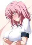  1girl blush breast_hold breasts closed_mouth covered_nipples crossed_arms eyebrows eyebrows_visible_through_hair full-face_blush highres large_breasts looking_down nori_tamago pink_eyes pink_hair puffy_short_sleeves puffy_sleeves saigyouji_yuyuko shirt short_hair short_sleeves simple_background solo sweat tareme touhou upper_body wavy_mouth 