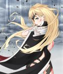 1girl blonde_hair blood blood_on_face cape floating_rocks long_hair looking_at_viewer looking_back othinus shin_(highest1192) solo to_aru_majutsu_no_index to_aru_majutsu_no_index:_new_testament 