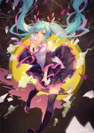  1girl ahoge artist_name atdan bare_shoulders bare_tree black_boots black_legwear black_skirt boots card collared_shirt covering_mouth detached_sleeves floating_hair full_body grey_shirt hatsune_miku highres holding holding_card long_hair long_sleeves looking_at_viewer mousou_zei_(vocaloid) multicolored_hair nail_polish outstretched_arm pink_eyes pink_hair pink_nails pink_necktie plant pleated_skirt shirt skirt sleeveless sleeveless_shirt solo star star-shaped_pupils symbol-shaped_pupils thigh-highs thigh_boots tree two-tone_hair very_long_hair vocaloid walking zettai_ryouiki 