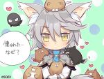  &gt;_&lt; 1girl animal_ears blush closed_eyes dog heart official_art pop-up_story rita_drake short_hair silver_hair tail thought_bubble wolf_ears wolf_tail yellow_eyes 