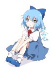  1girl bangs blue_bow blue_dress blue_eyes blue_footwear blue_hair blush bow bowtie cirno closed_mouth collar collared_shirt dress eyebrows_visible_through_hair hair_between_eyes highres ice ice_wings looking_at_viewer puffy_short_sleeves puffy_sleeves red_bow red_bowtie sasaki_sakiko shadow shirt shoes short_hair short_sleeves simple_background sitting smile socks solo touhou white_background white_legwear white_shirt white_sleeves wings 