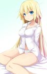  1girl blonde_hair blue_eyes blush breasts dress_shirt fate/apocrypha fate/grand_order fate_(series) large_breasts long_hair looking_at_viewer navel no_pants panties ruler_(fate/apocrypha) sen_(astronomy) shirt simple_background sitting solo underwear white_background white_panties 