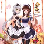  2girls :o absurdres alternate_costume apron back bangs bare_shoulders black_bow black_dress black_gloves black_hair black_legwear blue_dress blurry blush bow braid breasts brown_hair candy caramel chocolate chocolate_heart choker cleavage closed_mouth cowboy_shot depth_of_field detached_collar detached_sleeves doughnut dress eyebrows eyebrows_visible_through_hair food fruit gloves gradient gradient_background green_eyes grey_hair guaizi hair_bow hair_ornament hair_rings hamburger heart highres ice_cream legs_apart long_hair looking_at_viewer looking_back luo_tianyi maid maid_headdress mint multiple_girls pantyhose puffy_short_sleeves puffy_sleeves red_eyes short_sleeves single_braid skirt_hold smile sparkle star strawberry striped thigh-highs tray very_long_hair vocaloid vocanese waist_apron white_apron white_bow white_legwear yuezheng_ling 