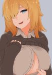  1girl :d :q blonde_hair blush breasts buttons cleavage clothes_lift collared_shirt copyright_request dress_shirt grey_background grey_shirt large_breasts licking_lips long_hair long_sleeves looking_at_viewer nao_(ritsancrossover) open_mouth pointing shirt simple_background sleeves_past_wrists smile solo sweater sweater_lift tongue tongue_out unbuttoned upper_body 
