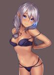  1girl adjusting_bra adjusting_clothes bangs bare_shoulders blue_hair blush bra braid breasts cleavage closed_mouth collarbone copyright_request cowboy_shot crystal dark_skin hair_over_shoulder head_tilt highres kagematsuri lace-trimmed_bra light_smile long_hair looking_at_viewer multicolored_hair panties pointy_ears silver_hair solo strapless twin_braids twintails underwear underwear_only violet_eyes 