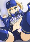  1girl :c ahoge blonde_hair blue_eyes blue_legwear breasts fate/grand_order fate/stay_night fate_(series) heroine_x looking_at_viewer navel saber solo thigh-highs under_boob yuuk33 