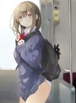  1girl backpack bag blush brown_eyes brown_hair long_hair long_sleeves looking_at_viewer mikan_no_shiru original panties pantyshot pantyshot_(standing) school_uniform skirt skirt_lift solo standing stuffed_animal stuffed_bunny stuffed_toy train train_interior underwear white_panties 