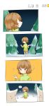  /\/\/\ 4koma androgynous brown_hair chara_(undertale) comic dog dust evil_smile gameplay_mechanics greater_dog health_bar highres knife lesser_dog misha_(hoongju) pine_tree red_eyes shirt shorts silent_comic smile smiley_face snow sparkle spoilers spoken_expression striped striped_shirt sweat sweating_profusely tree undertale 