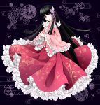 1girl bird_hair_ornament black_hair butterfly facing_viewer flower frills hair_ornament hands_together highres houraisan_kaguya japanese_clothes kimono long_skirt looking_at_viewer miy open_mouth petals skirt smile solo touhou violet_eyes
